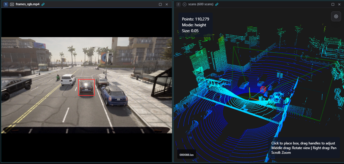 Folstag Anno multi-modal workspace showing 2D video annotation alongside a 3D LiDAR point cloud viewer